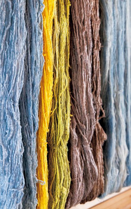 自ら耕した畑で栽培した綿花から紡いだ糸を、自家栽培の藍やびわの葉、くちなしなどの自然素材を使って染め上げます。