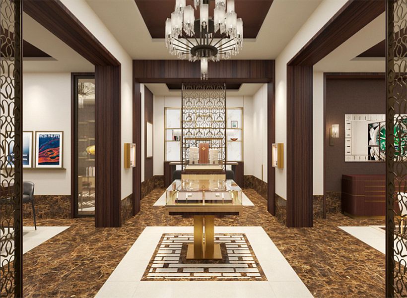 中央のショーケ ースを挟んで、左右に2 部屋ずつの商談スペース（すべて半個室型）があります。