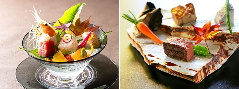 夕食の料理の一例。静岡県内の港に揚がった魚介をメインにした旬のお造り。静岡産牛肉のステーキには地元産の野菜をふんだんに添えて。