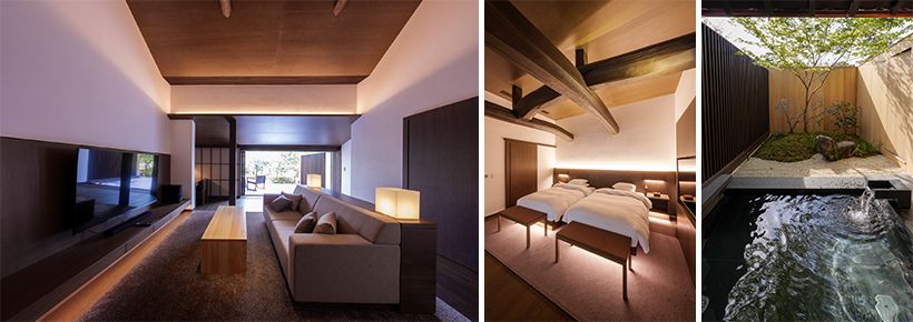 「月」の客室。高い天井を持ち、庭とつながるリビングルーム、古民家の太い梁が印象的なベッドルーム、秋にはカエデの紅葉を眺めながら入れる露天風呂。