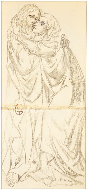 《接吻 Le Baiser》1966年　ペン、木炭・紙　軽井沢安東美術館蔵 Musée Ando à Karuizawa