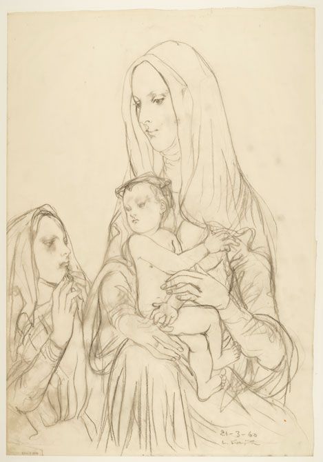《聖母（習作） Madone (étude)》1960年3月21日　鉛筆・トレーシングペーパー　ランス美術館蔵 Musée des Beaux-Arts de Reims