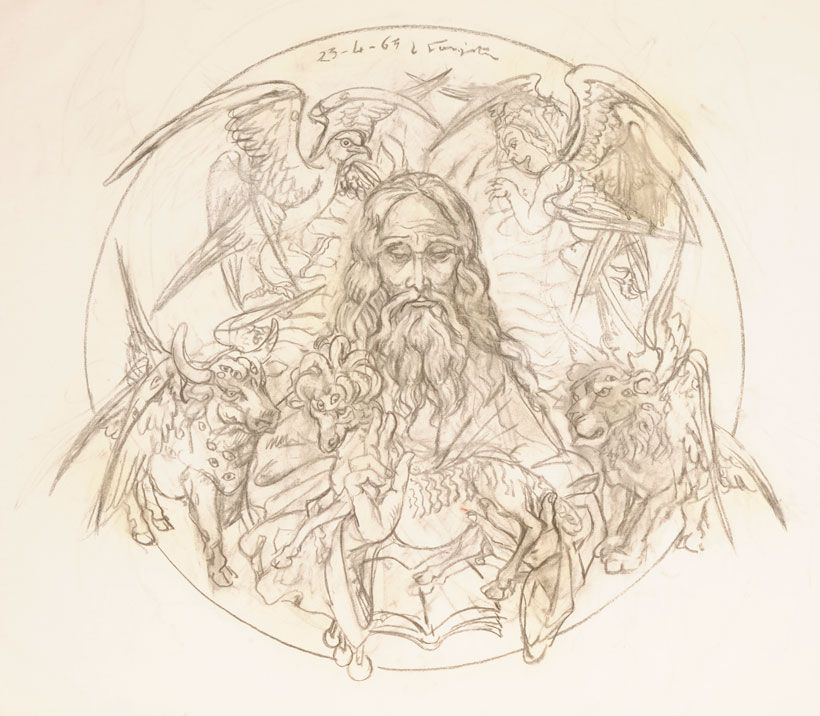 《四聖獣に囲まれた神と神秘の子羊 Dieu et l'Agneau mystique entourés du tétramorphe》1965年4月23日　木炭、鉛筆・紙　ランス美術館蔵 Musée des Beaux-Arts de Reims