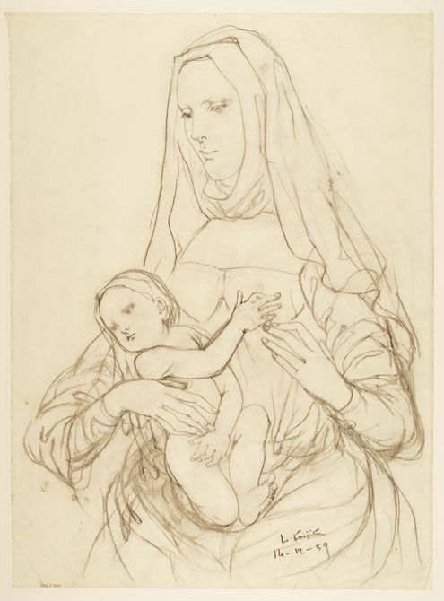 《金地の聖母（習作） Madone, fond doré (étude) 》1959年12月14日　鉛筆・トレーシングペーパー　ランス美術館蔵 Musée des Beaux-Arts de Reims