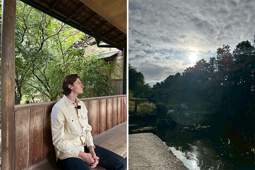 ロケで訪れた、中根金作の作庭による京都・妙心寺の退蔵院庭園にて。秋の趣に染まる庭園を巡り、「丁寧に手入れを施された庭園は何度観ても飽きません」と村雨さん。