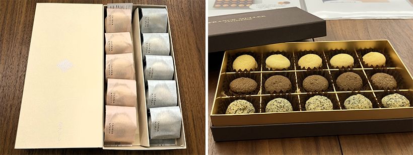メゾンカカオ「ハナレモナカ」（左）とフランク ミュラー パティスリー「バーチ ディ ダーマ」（右）。