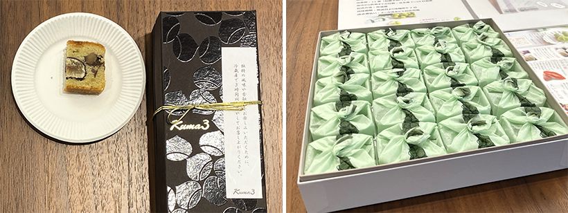 銀座へしれスイーツ「銀座わぐりへしれけーき」（左）と旬果瞬菓 共楽堂「ひとつぶのマスカット」（右）。