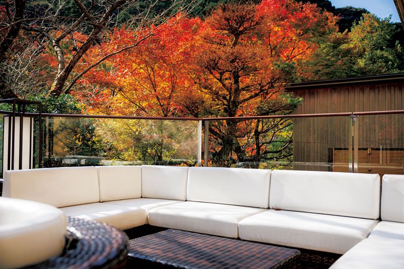 渓谷を流れる水音が心地よい、広々としたパブリックスペース「川床テラス」。艶やかな紅葉に包まれながら、夢のような時間を過ごすことができる。