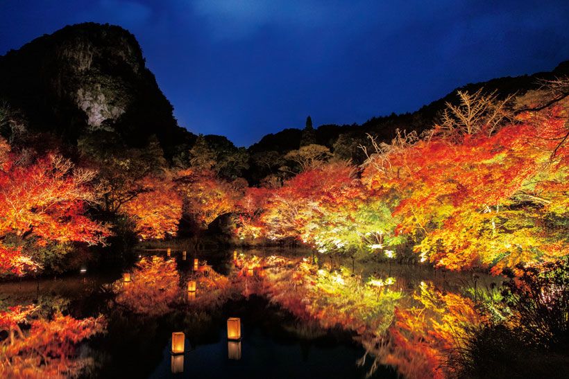 池泉回遊式庭園「御船山楽園」でもとりわけ大池の周辺は紅葉が密集している。夕刻はライトアップされ、鮮やかな景色が水面にも広がる。紅葉のピークは11月中旬。