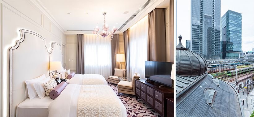 左・ベネチアングラスのシャンデリアが輝く2階ベッドルーム。右・大きな窓からは行き交う電車や銅板葺きのドーム屋根を眺められる。