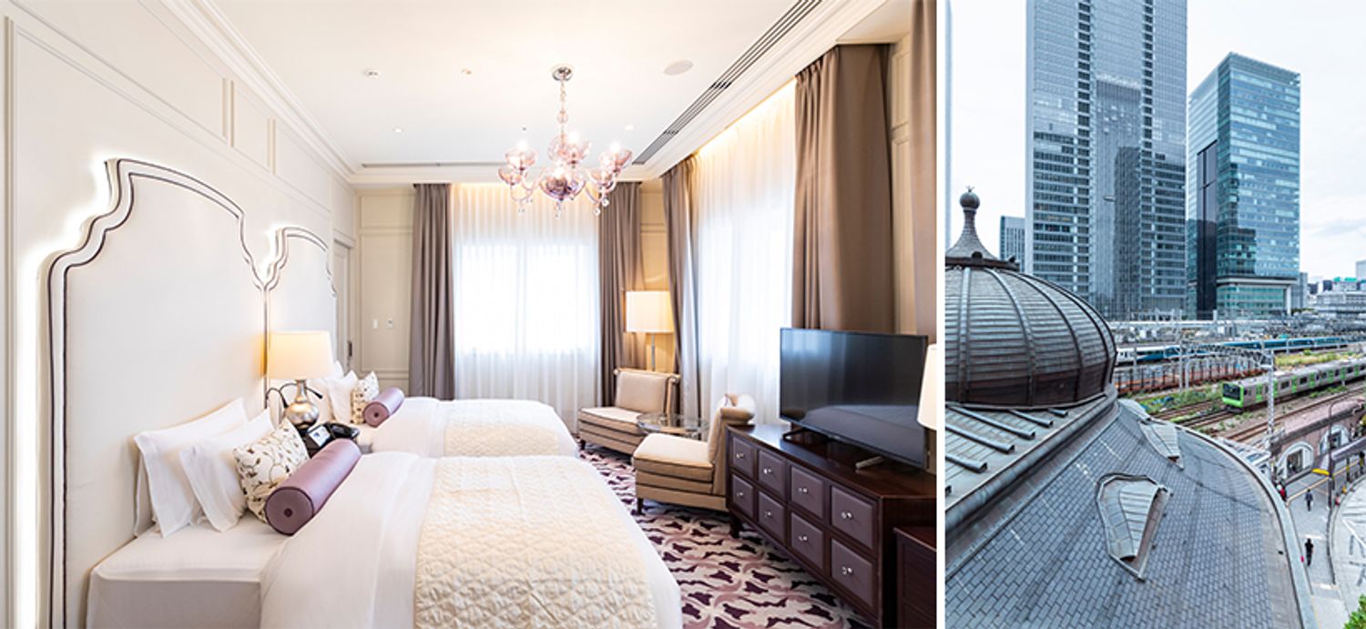左・ベネチアングラスのシャンデリアが輝く2階ベッドルーム。右・大きな窓からは行き交う電車や銅板葺きのドーム屋根を眺められる。