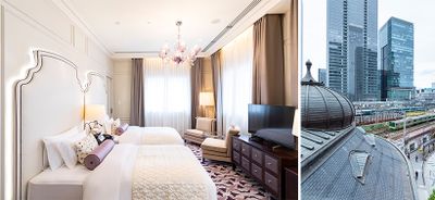 左・ベネチアングラスのシャンデリアが輝く2階ベッドルーム。右・大きな窓からは行き交う電車や銅板葺きのドーム屋根を眺められる。