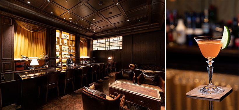 左・ホテルの一角にひっそりと佇むバー「Oak(オーク)」。右・名物の「東京駅〈Oakスタイル〉」2,250円。