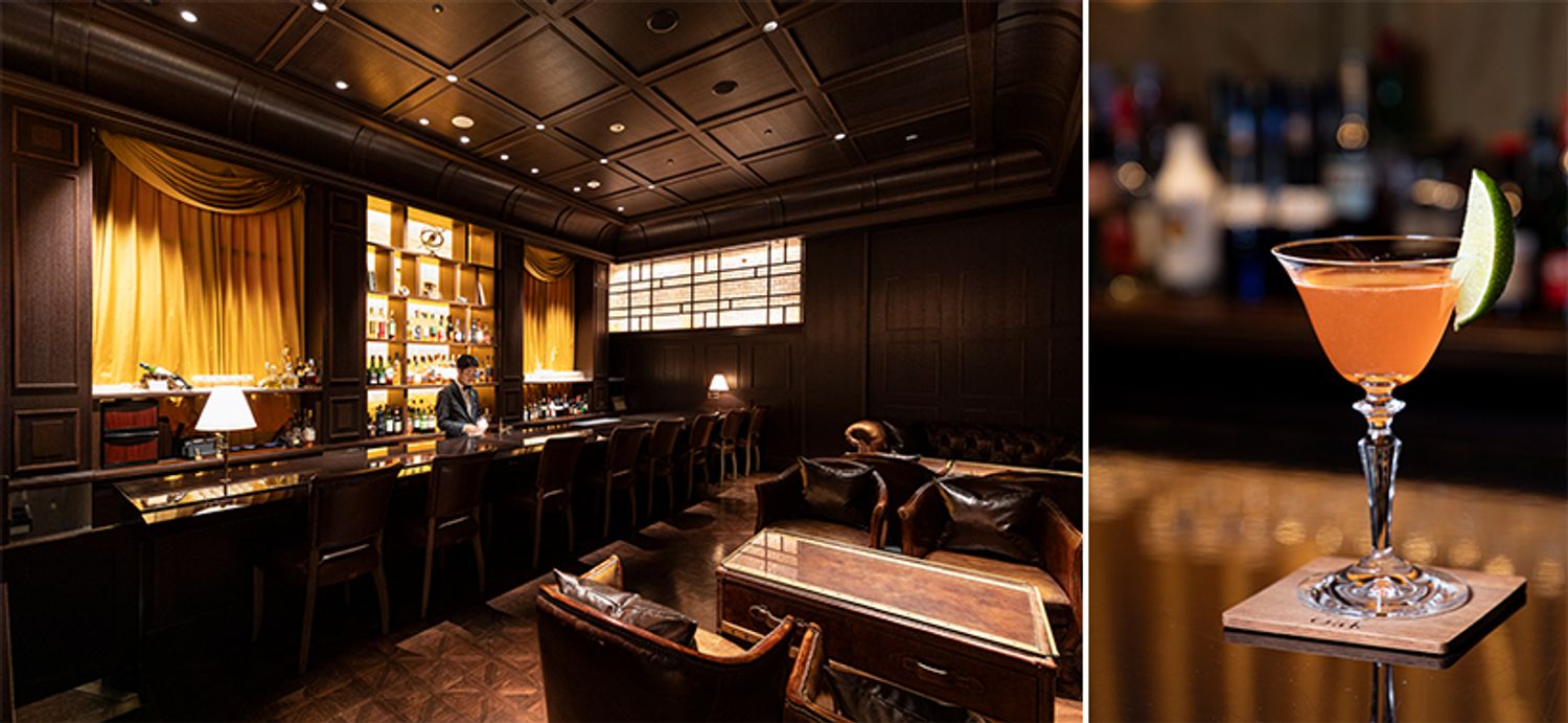 左・ホテルの一角にひっそりと佇むバー「Oak（オーク）」。右・名物の「東京駅〈Oakスタイル〉」2,250円。