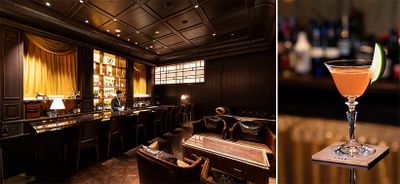 左・ホテルの一角にひっそりと佇むバー「Oak（オーク）」。右・名物の「東京駅〈Oakスタイル〉」2,250円。