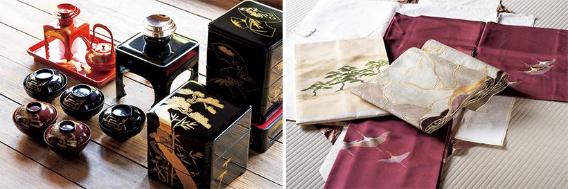 右上・家族での祝いに利用してきた漆器類。部屋がきれいになると、新年の準備にも気持ちが入る。右下・よく年初に袖を通したというきもの。「亡き母を思って、今度のお正月には着ようかしら」（Ｏさん）。