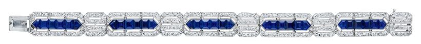 サファイアとダイヤモンドの直線デザインのブレスレット。1920年頃、イギリス