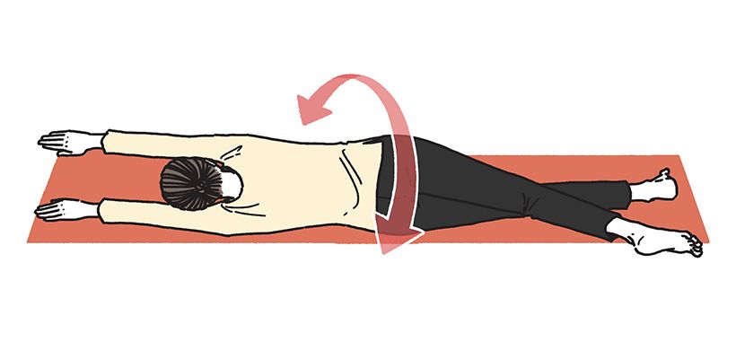 両手足を伸ばしてうつ伏せに寝る。お腹が床に適度に圧迫されているのを感じて。