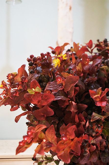 「JAながのみゆき」から届いた紅葉ヒペリカムの‘マジカルシーズンズ’。葉色のグラデーションが美しく、葉のもちも抜群です。葉に混じり、黄色の花や赤茶色の実もついていて、贈り花に豊かな表情を与えてくれます。‘マジカル’シリーズには微妙に葉色の異なるラインナップが揃っているので、この時期に頻繁に利用しています。