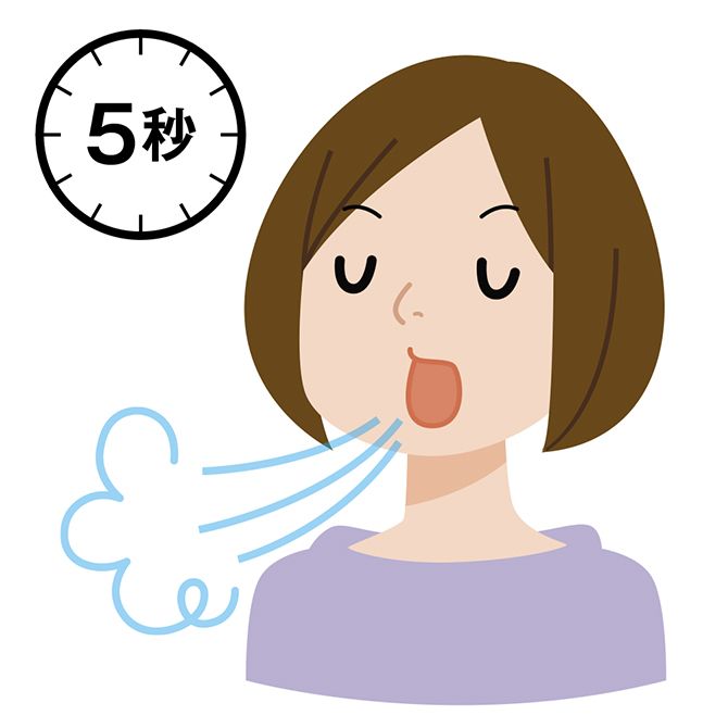 口から5秒かけて息を吐き、最後まで吐ききる。寝る前に涼しい室内でこの動きを3～4回くり返す。
