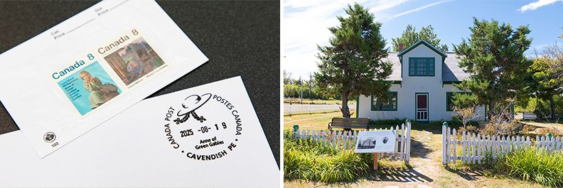 右・モンゴメリが暮らした祖父母の家で営まれていた郵便局にちなんで建てられた「グリーン・ゲイブルズ郵便局」。併設の博物館では、当時使われていた郵便道具などを展示し、モンゴメリの時代の郵便業務を紹介している。ここから郵便物を送ると、アンの特別な消印を押してもらえる。