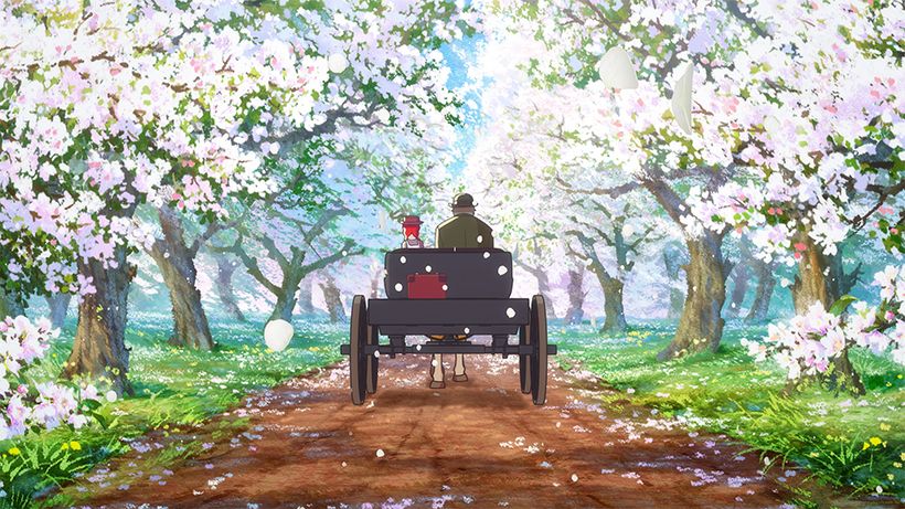 物語の冒頭、駅に迎えにきたマシュウと馬車でグリーン・ゲイブルズへ向かう途中に見る赤土、そしてアンが「歓喜の白路」と名づけた白いりんごの花の並木道。©アン・シャーリー製作委員会