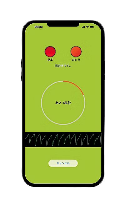 スマホのカメラに指先を軽く当てると、脈波の変化を読み取って自律神経の働きを解析。わずか10～60秒で測定が完了します。