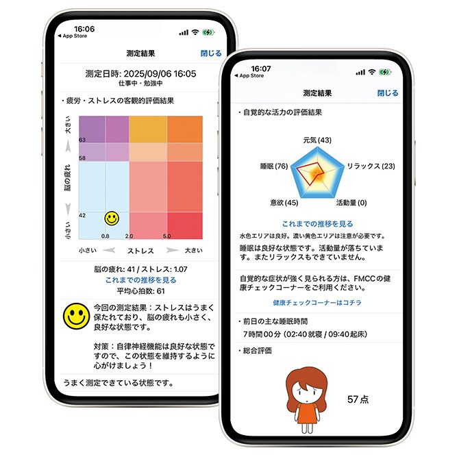 取得データはサーバーで解析され、「脳疲労」と「ストレス」を2次元グラフで表示。心と体の疲れを可視化してくれます。iOS ／Androidアプリを配信中。App Store 、Google Playからインストール可能。