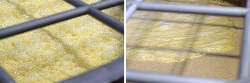 右・二次仕込みで10日ほど経ち発酵・熟成が進んだ様子。このあと蒸留工程へ移る。