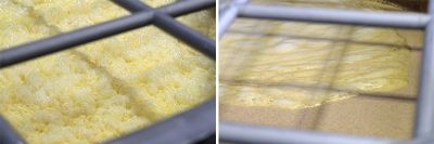 左・一次仕込み2日目、アルコール発酵により炭酸ガスが発生した様子。右・二次仕込みで10日ほど経ち発酵・熟成が進んだ様子。このあと蒸留工程へ移る。