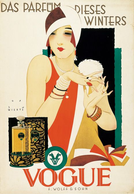 写真6:ポスターや雑誌などでの商品広告が発達。グラフィック・デザイナーたちが本格的に活躍する時代が到来した。ユップ・ヴィールツ《ヴォーグ、今年の冬の香水はこれだ》1925年/サントリーポスターコレクション(大阪中之島美術館寄託)/(出展:「新時代のヴィーナス!アール・デコ100年展」より)