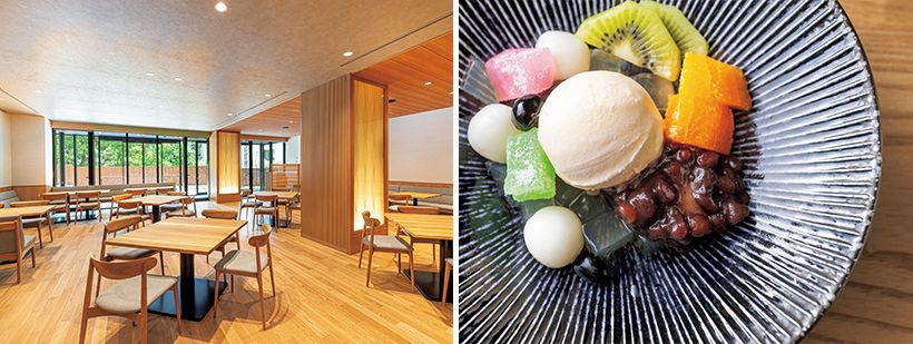 人 気メニューである白玉クリームあんみつ 緑 茶付1200円。下左・洗練された雰囲気のカ フェ＆レストラン。