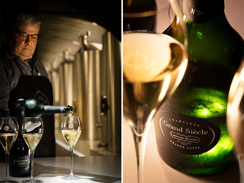 3つの偉大なヴィンテージを10年以上かけてひとつに重ね合わせ、“自然が成し得なかった理想の年”を創造した、「ローラン ・ペリエ グラン シエクル（Grand Siècle）」。2025年12月以降に発売となる最新のNo.26は、2007年、2008年、2012年をアッサンブラージュ。地下カーヴには、特別な試飲空間がある。