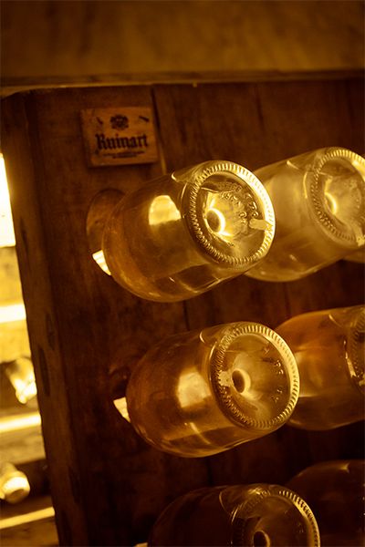 澱を瓶口に集めるための木製ピュピトルに差し込まれ、熟成を重ねるブラン・ド・ブランのボトル。