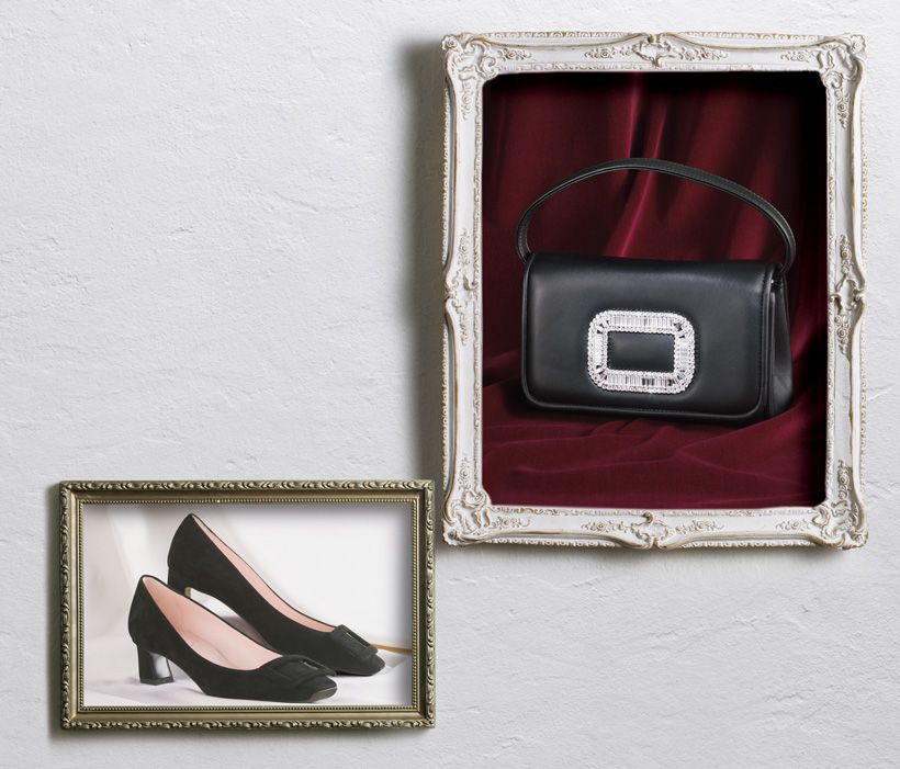 靴 （ヒール4.5センチ）11万9900円　バッグ （縦10.5×横18×マチ6センチ、シープナッパレザー）32万8900円／ともにロジェ ヴィヴィエ（ロジェ・ヴィヴィエ・ジャパン）