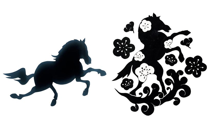 右・神使として、天に昇っていく姿をイメージした第1案。「随所に散らした梅は、切り絵の面白味であるざっくりとした風合いをあえて残しています」（今森さん）。左・編集部からのオーダーを経て、疾走する姿に変更となった第2案。