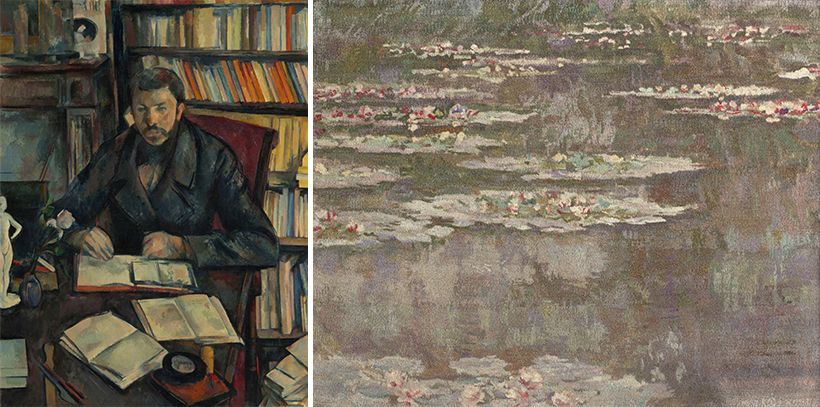 （左） ポール・セザンヌ《ギュスターヴ・ジェフロワ》1895-1896年  油彩／カンヴァス　オルセー美術館、パリ  © photo : Musée d’Orsay, dist. GrandPalaisRmn / Patrice Schmidt　（右）クロード・モネ《睡蓮》1913年  毛織物　モビリエ・ナショナル（フランス国有動産管理局）、パリ  Photo: Isabelle Bideau