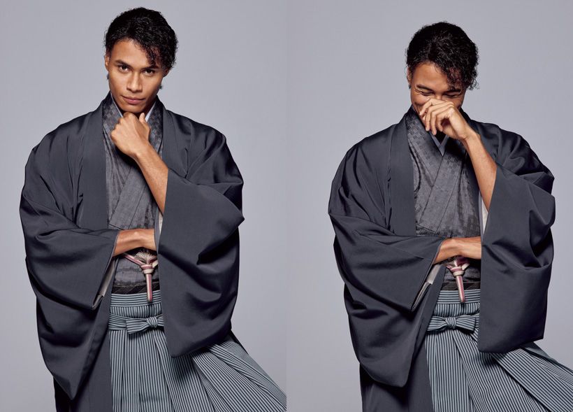 きものに合わせて、髪もいつもとは違うスタイルに挑戦した中島選手。鏡を見て「新鮮です」と満足そう。慣れない和装でも、鍛えた体幹と抜群の集中力で次々にポーズを決めてくれました。錫（すず）色地の吉野格子のきものに青鈍（あおにび）色の羽織、仙台平の袴を合わせたセミフォーマルな装いは、目上の方にご挨拶に伺うときなどにもふさわしいもの。薄小豆色の羽織紐を合わせることで、フォーマル感を少しだけ外した今どきのお洒落さも演出しました。 きもの・羽織・帯・袴・小物一式／銀座もとじ 男のきもの　扇子／白竹堂　履物／銀座ぜん屋本店