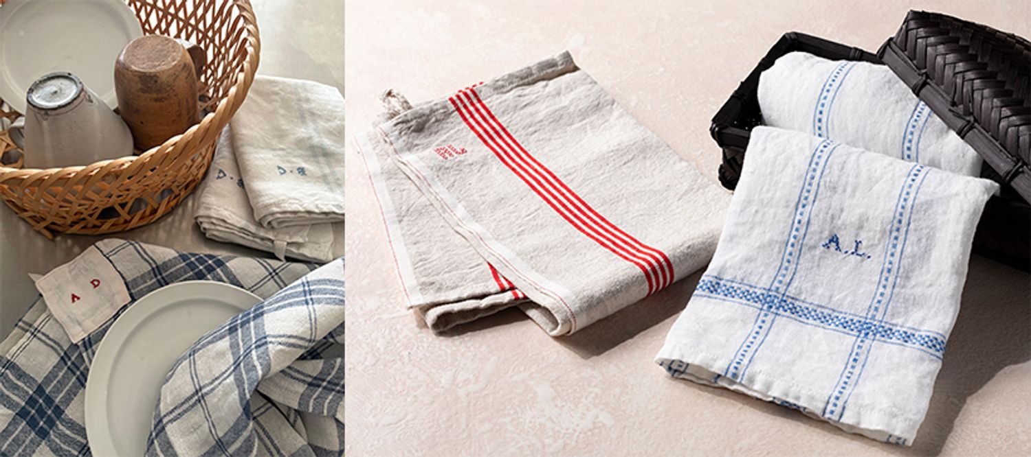 写真左が田中さん愛用のキッチンクロス。左・AL トルション レッド3190円、右・ステッチストライプクロス ブルー4620円。