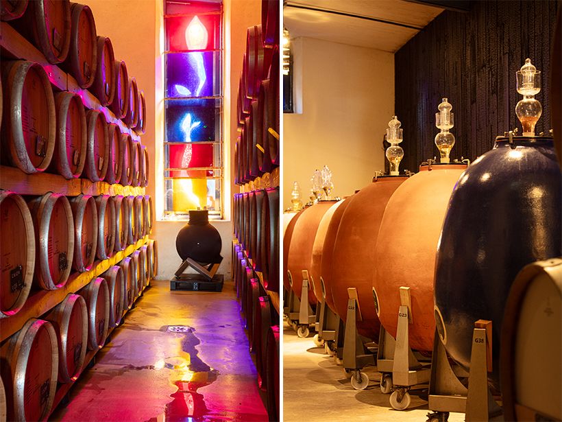 右・自然対流で旨味を引き出す卵形アンフォラ。砂岩、セラミックなど、素材により仕上がりの色が変わる。左・セラミックを鏡板に用いた新世代の樽で熟成。