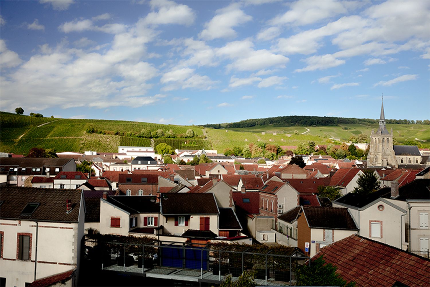 試飲室のテラスからの眺め。アイ村の町の向こうの丘陵に、グラン・クリュのぶどう畑が広がる。