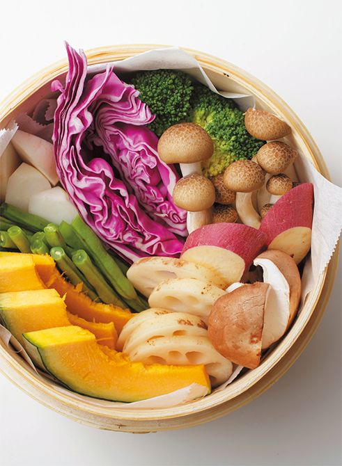 せいろを流水で濡らし、食材を入れる。せいろにくっついたり水分がしみ出すものは苦キングシートや葉もの野菜を下に敷く。汁気のあるものは耐熱容器や耐熱ポリ袋に入れる。