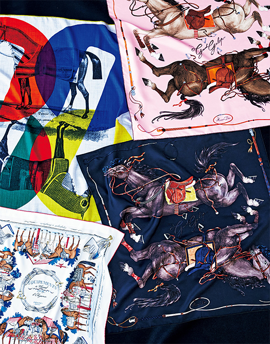 エルメスのルーツとなる馬と馬具を描いた優雅なシルクスカーフの