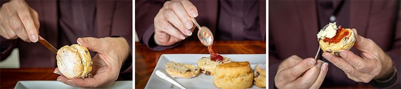 サルタナレーズン入りのスコーンをナイフで2つに割る。コーンウォール式では、最初にジャムを塗り、その後クロテッドクリームを塗っていただく。