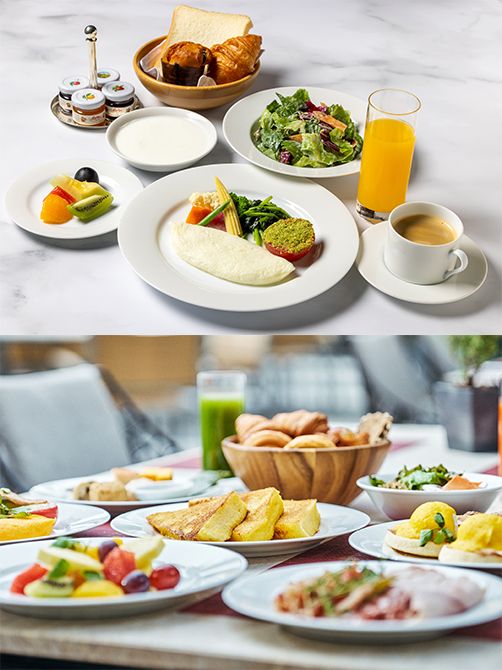 (上)ヘルシーブレックファスト、(下)ブレックファスト ビュッフェの一例。