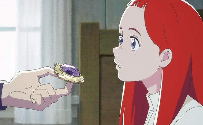 アニメ『アン・シャーリー』より、アンが魅了された紫水晶のブローチが描かれているシーン。