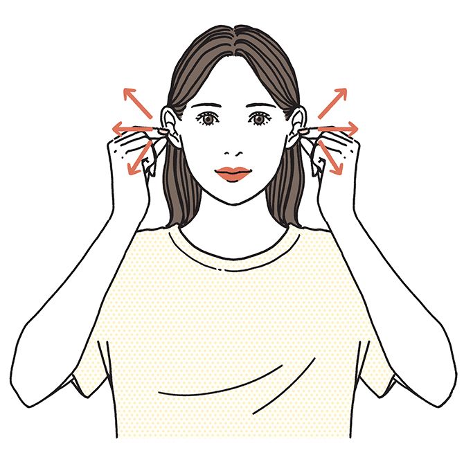 両手の親指と人差し指で耳の外側をつまみ、斜め上、真横、斜め下と、それぞれ5秒間ずつ引っ張る。
