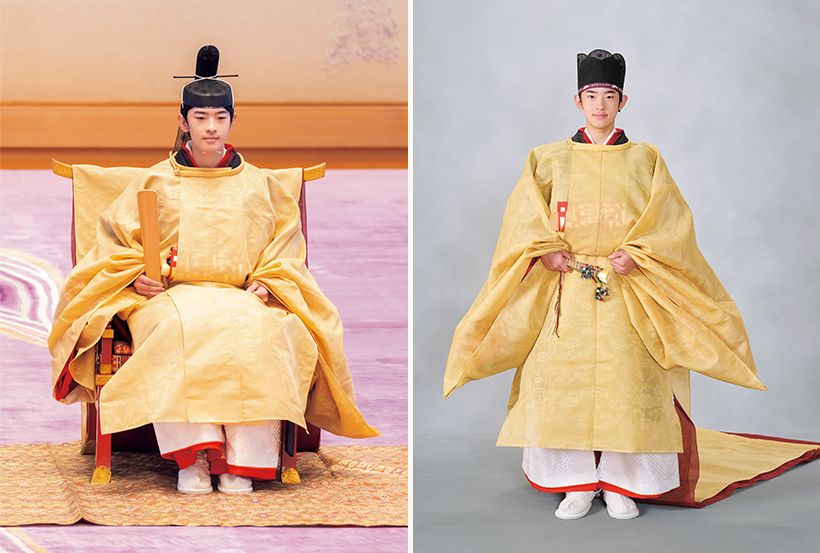 左・冠を加えられて「空頂黒幘」をお外しになり、「燕尾纓(えんびのえい)」の冠を召された悠仁さま。右・「加冠の儀」に臨まれた未成年の束帯姿。頭にはかつて秋篠宮皇嗣殿下が成年式で使われた「空頂黒幘」。