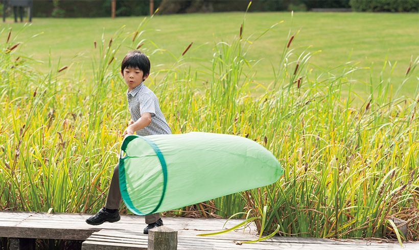 （16）平成27年8月16日小学3年生。背丈ほどもある本格的な捕虫網を使って昆虫採集をされる悠仁さま。