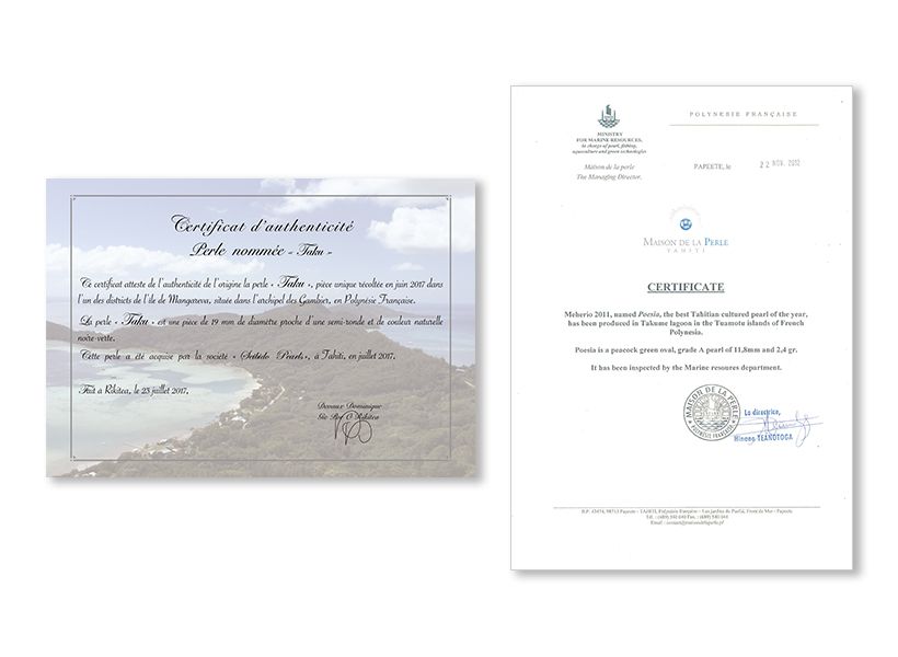 タヒチ政府および生産者発行の証明書。